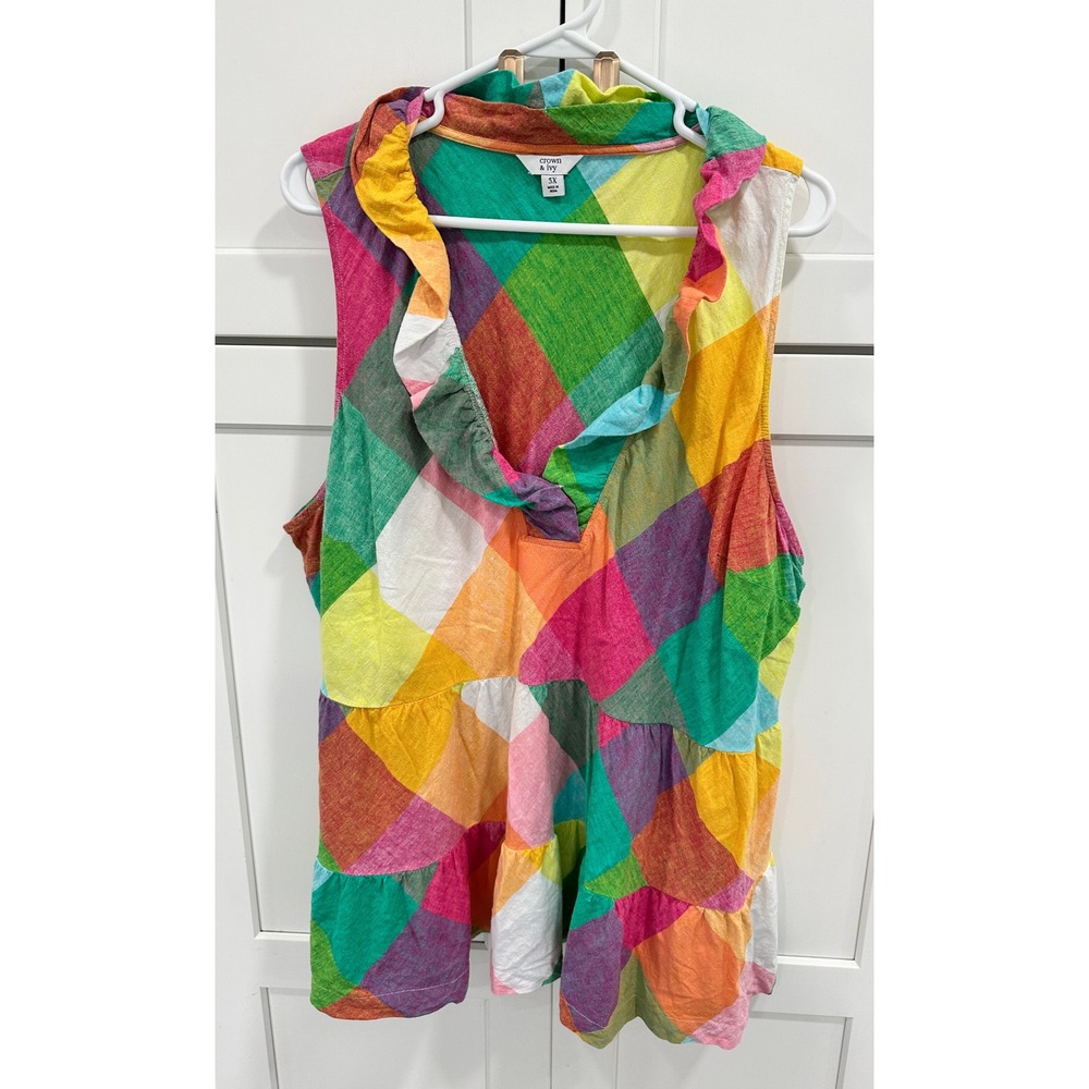 Crown & Ivy‎ Sleeveless Ruffle Tiered Top Colorful Plaid Print Blouse 3X